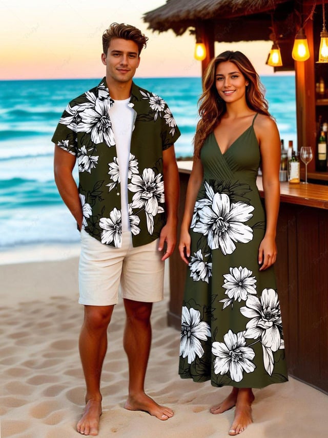 Flowers Leaf Print Plus Size Matching Hawaii Beach Outfit For Couples