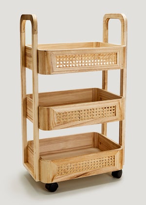 Natural Wood 3 Tier Cane Trolley (63cm x 37.5cm x 28.5cm)