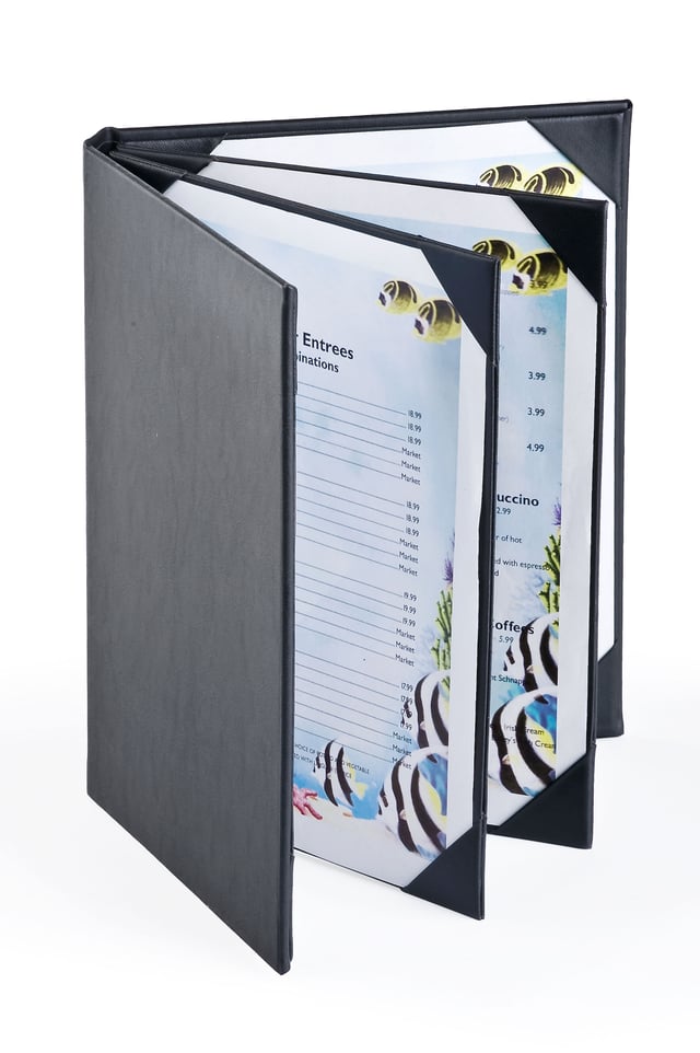 Menu Cover Holds (6) 8.5 x 11 Menus, Photo Album Corners, 4-Panel - Black