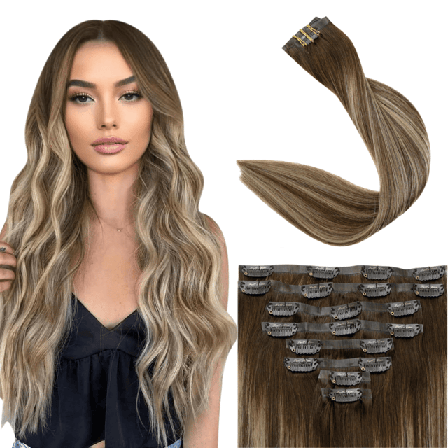 Full Shine PU Seamless Clip in Extensions 100% Remy Human Hair 8 Pieces Balayage Highlights (#4/24/4)