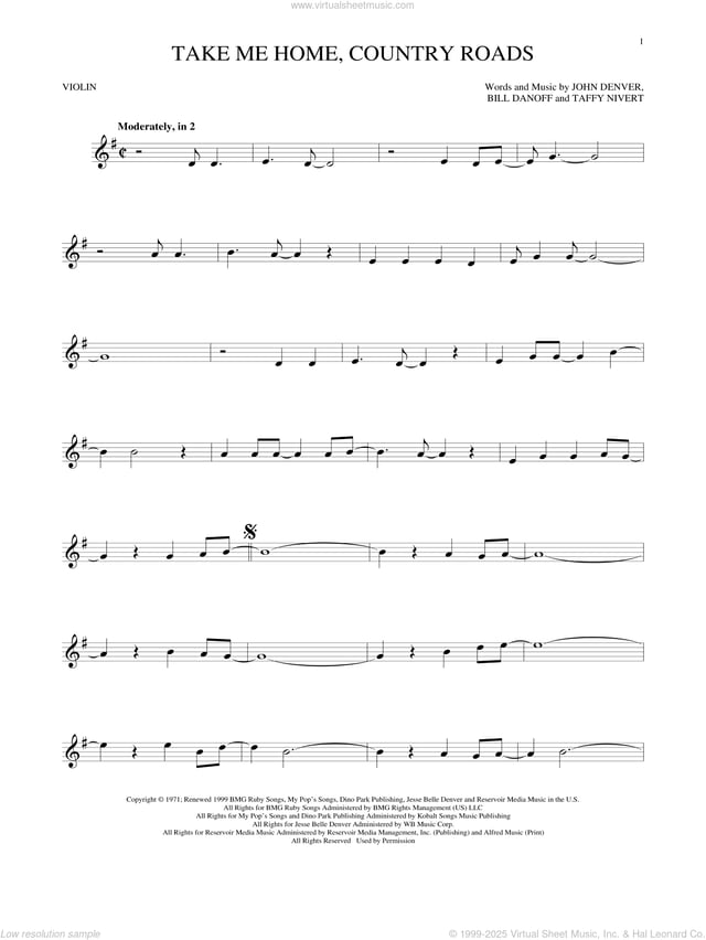 Take Me Home, Country Roads sheet music for violin solo (PDF)