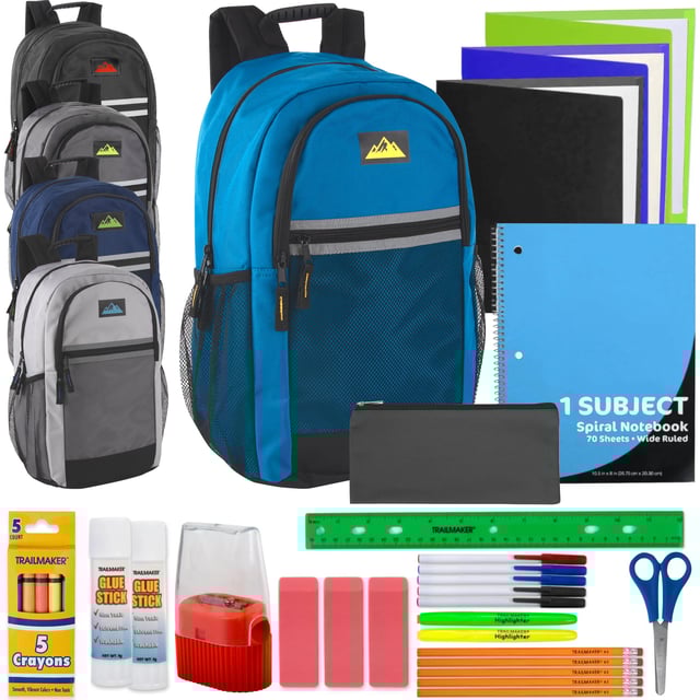 18" Multi-Pocket Reflective Backpack with 30-Piece School Supply Kit - 5 Colors