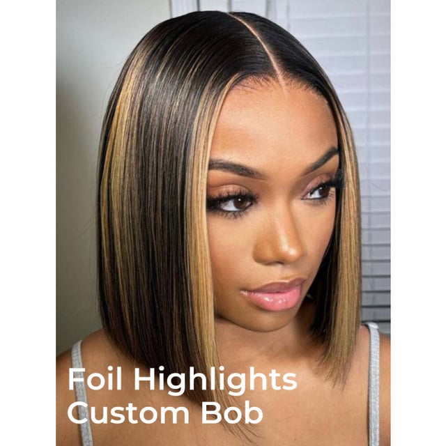 Foil Highlight Blunt Cut Bob Wig Custom Colored Wigs With Dark Roots