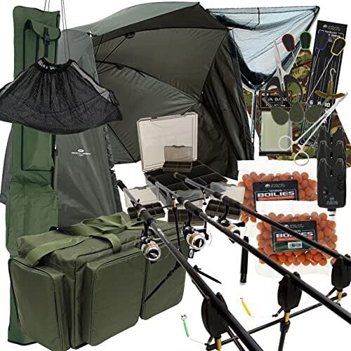 Carp Fishing Setup 3pc 12ft 2/3 Rods & Reels Bite Alarms Net Pod Carryall Bag Rod Holdall Brolly