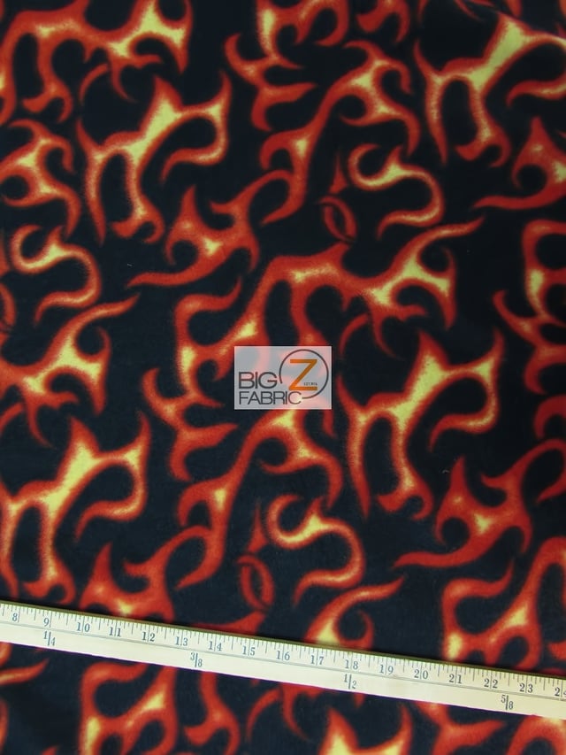 Fleece Printed Fabric Fire Flame / Black/Orange Flames / Sold By The yard