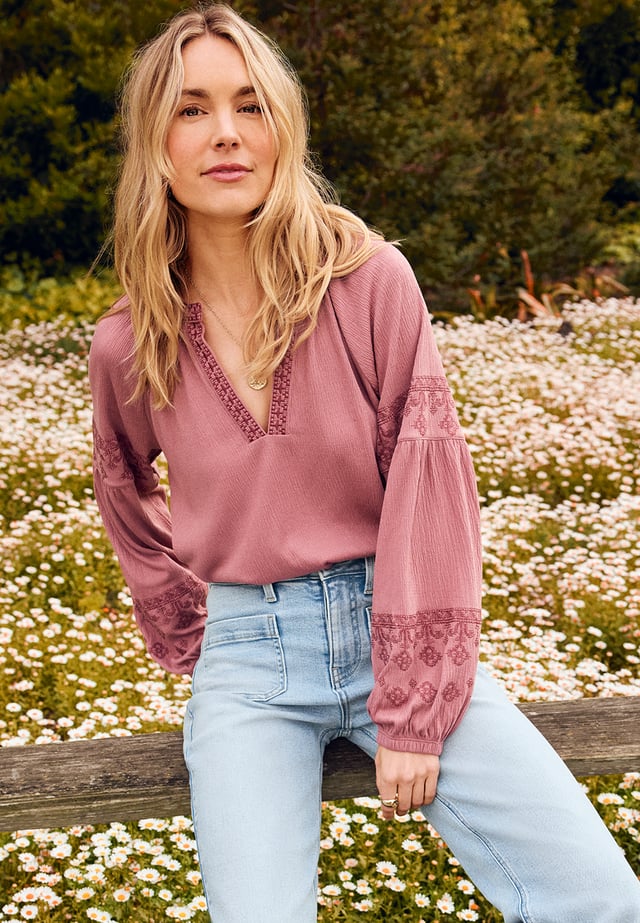 Embroidered Gauze Blouson Sleeve Top