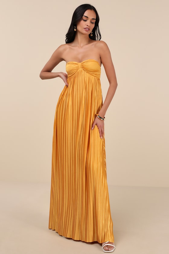 Whimsical Beauty Golden Yellow Satin Plisse Strapless Maxi Dress