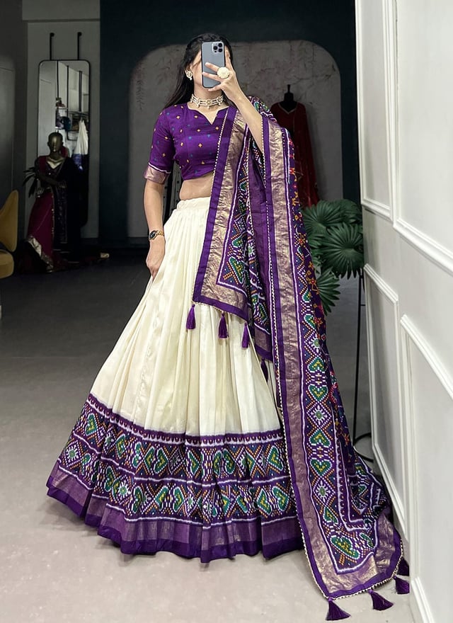 Festive Glow In Cream Tussar Silk Patola Print Lehenga Festive Wear