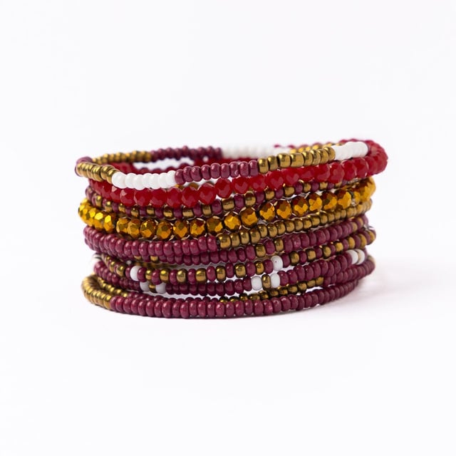 Game Day Beaded 10 Strand Stretch Bracelet Set Garnet + Gold