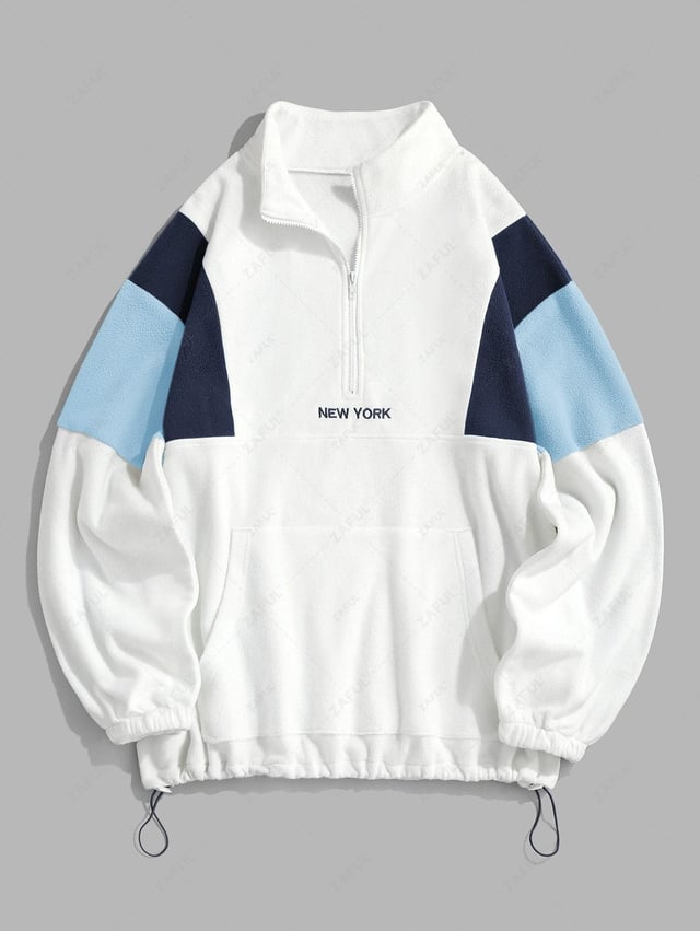 ZAFUL Fluffy Polar Fleece NEW YORK Embroidery Colorblock Half Zip Sweatshirt