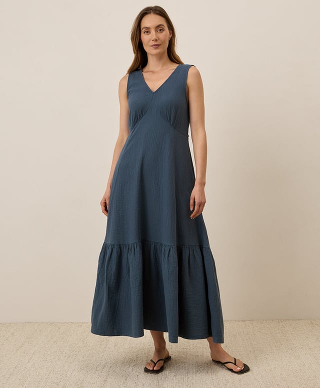 PACT Women's French Navy Coastal Double Gauze Beach To Brunch Dress XS