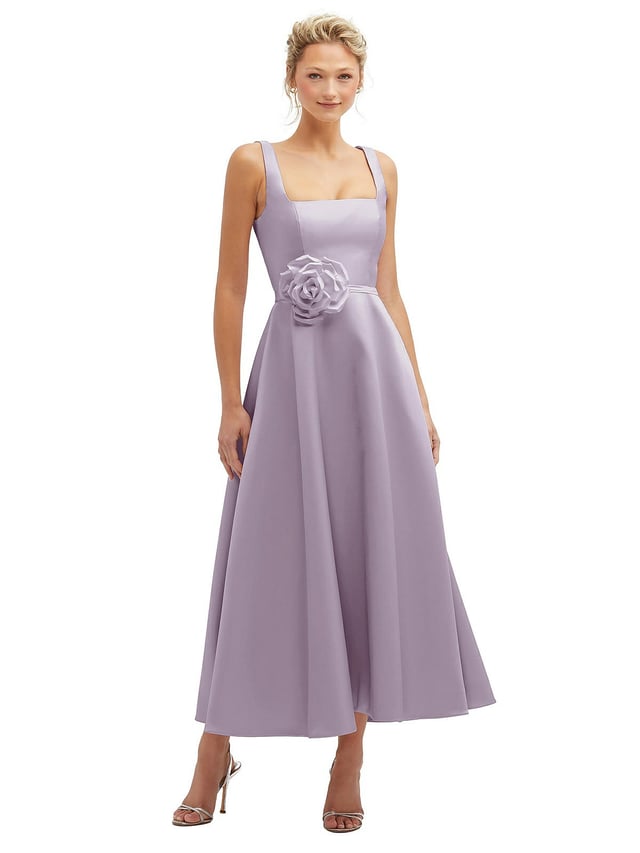Square Neck Satin Midi Dress with Full Skirt & Flower Sash