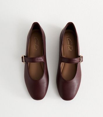 Dark Burgundy Faux Leather High Vamp Mary Janes Ballerina Flats