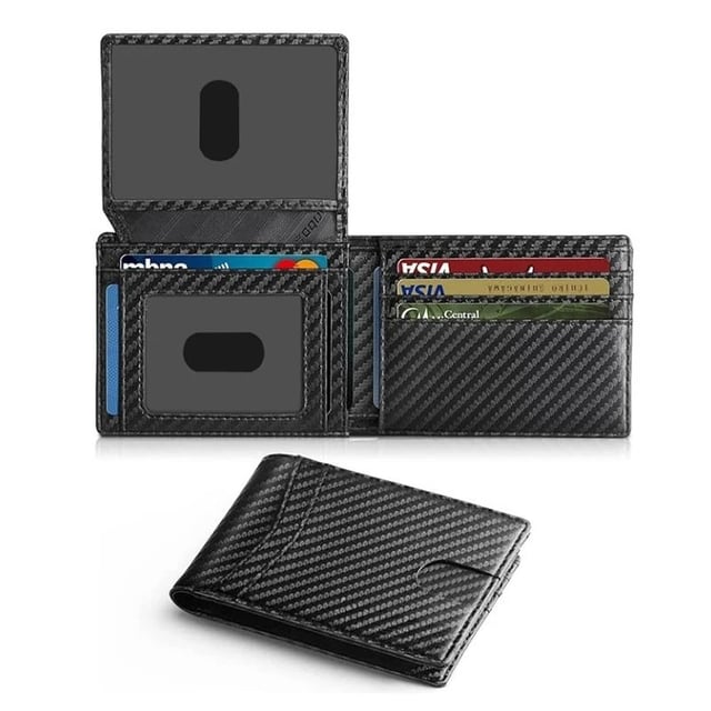 Mens Ultra Thin RFID Leather Wallet with ID Window and Carbon Fiber Detail