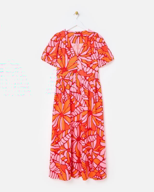 Orange & Pink Abstract Floral Puff Sleeve Midi Dress