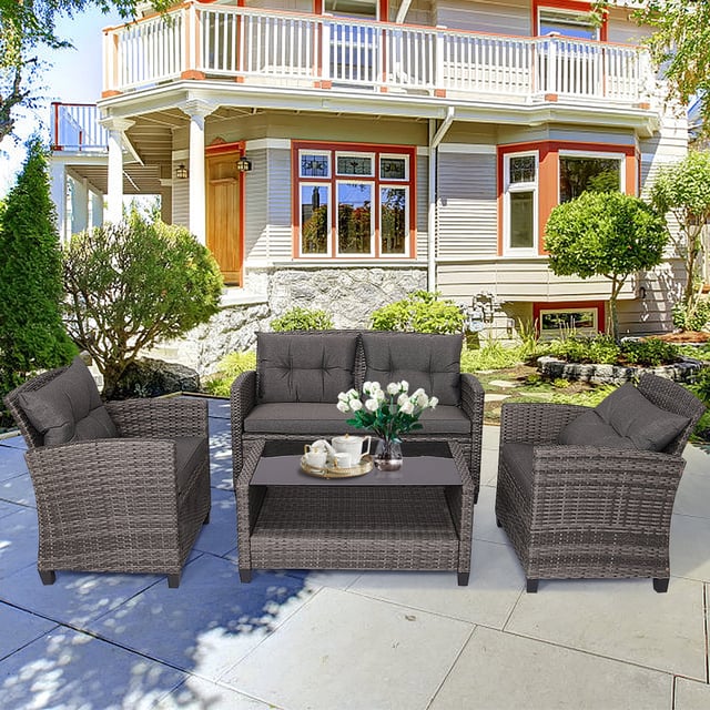 Gymax 4PCS Rattan Patio Conversation Set Cushioned Outdoor Furniture Set