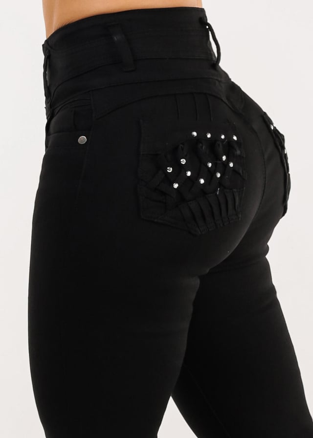 Butt Lift Super High Waist Black Skinny Jeans w Back Pocket Design