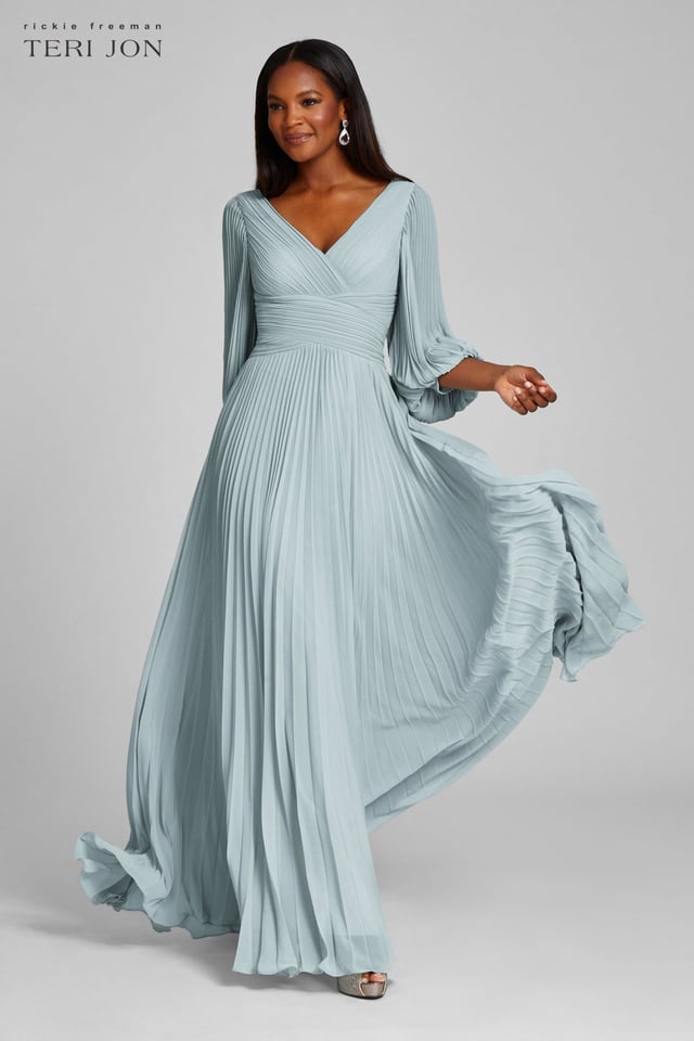Chiffon Puff Sleeve Pleated VNeck Gown