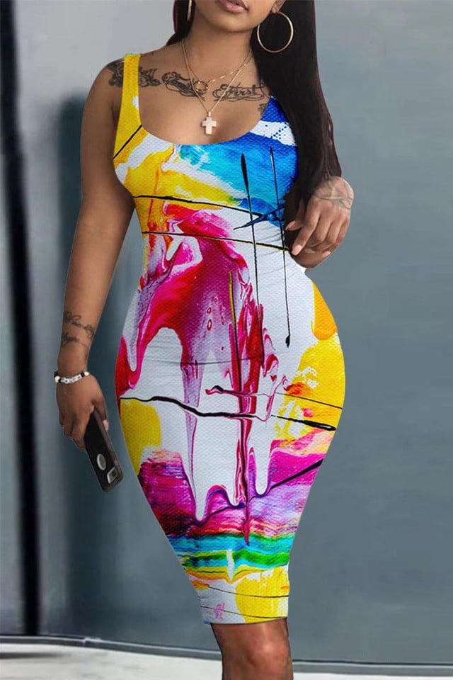 Xpluswear Plus Size Casual All Over Print Spaghetti Strap Bodycon African Mini Dress