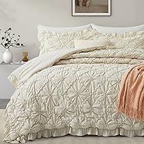 BEDAZZLED Comforter Set Queen Size, 3 Pieces Bed in a Bag Pinch Pleat Exquisite Comforter, Boho Down-Alternative Bedding with Ruffled Shams All Season Available, Beige (90"*88")