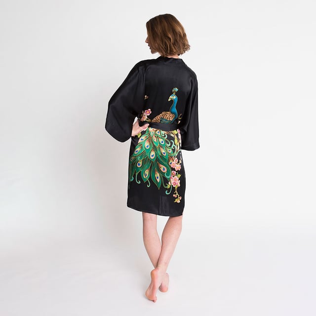 Silk Handpainted Peacock Short Kimono Robe