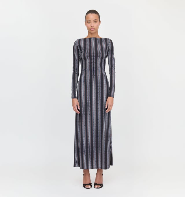 The Selene Dress - Black Cobalt Medallion Stripe
