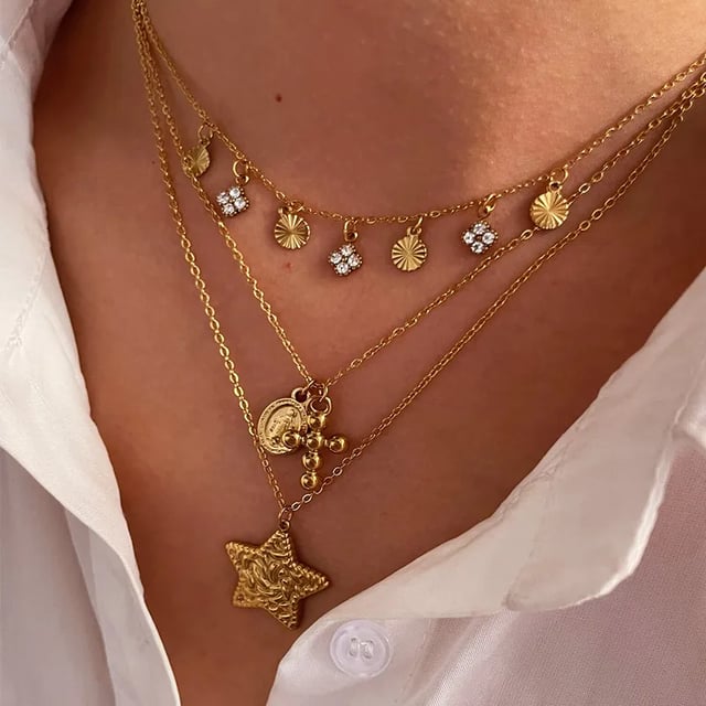 Wholesale Jewelry Simple Style Commute Pentagram Geometric 316L Stainless Steel  Rhinestones 18K Gold Plated Inlay Pendant Necklace