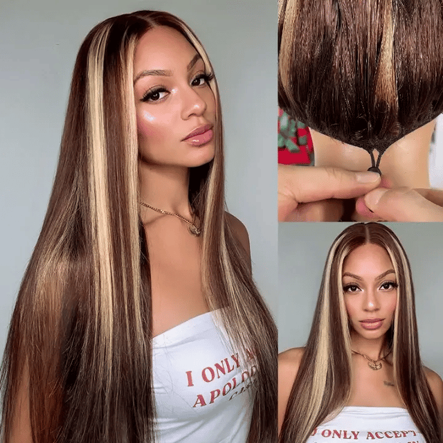 Honey Blonde Highlight Silky Straight Pull Go 13x6 Full Lace Wig Glueless Wig Suits All Heads