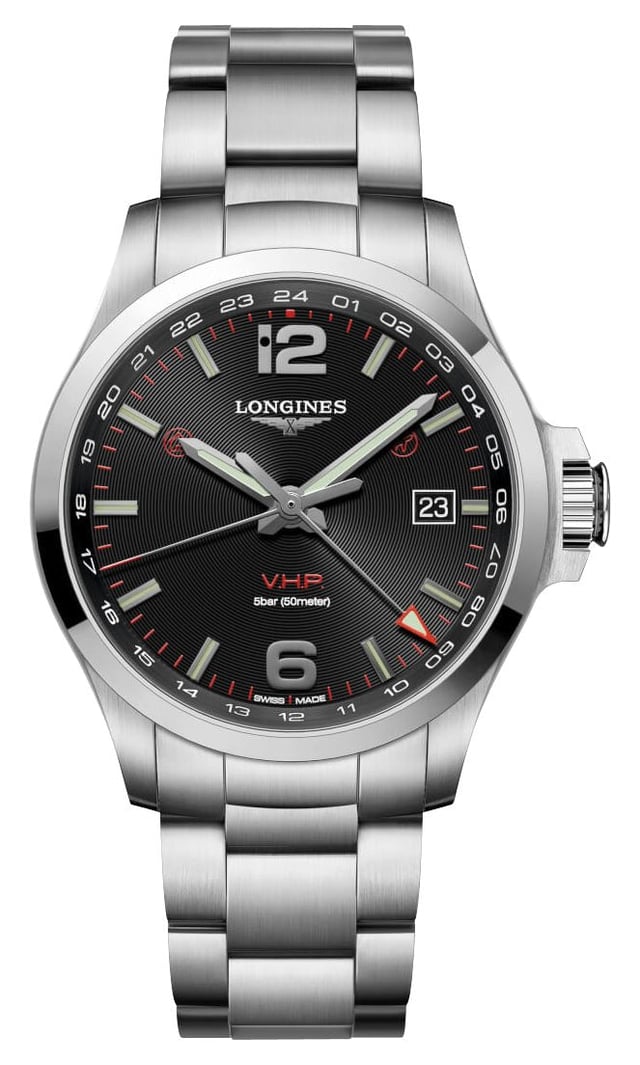 Longines Conquest V.H.P. GMT Stainless Steel Black Dial Perpetual Calendar Date Quartz Mens Watch L3.728.4.56.6
