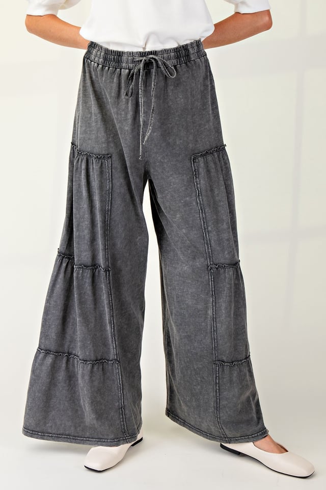 Easel Mineral Washed Tiered Pants in Black