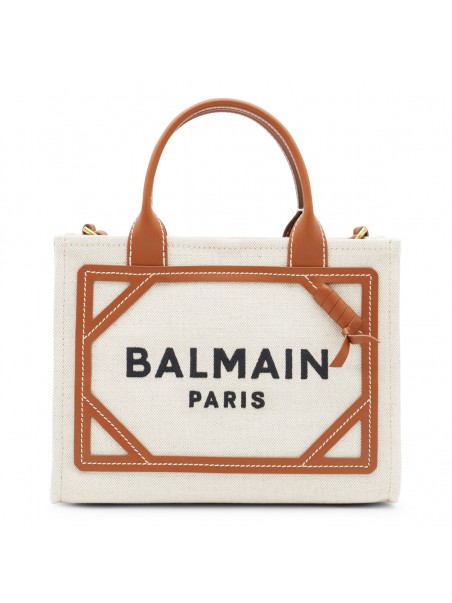 BEIGE CANVAS AND BROWN LEATHER HANDLE BAG