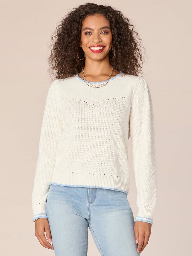Long Puff Sleeve Round Neck V-Yoke Mixed Stitch Sweater