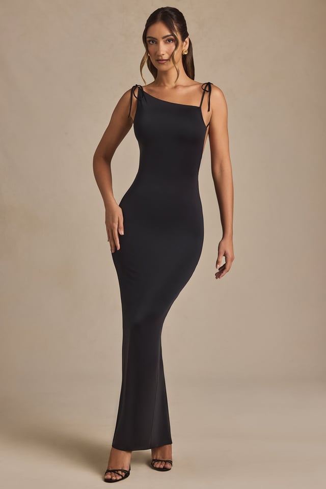 Ruched Open-Back Maxi Dress in Black