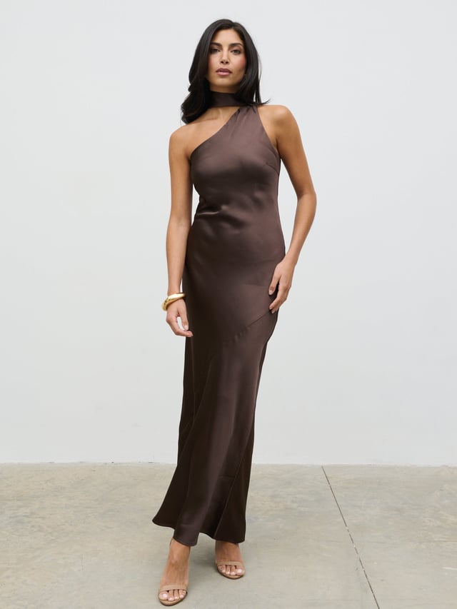 Sheree One Shoulder Sash Maxi Dress - Chocolate Brown