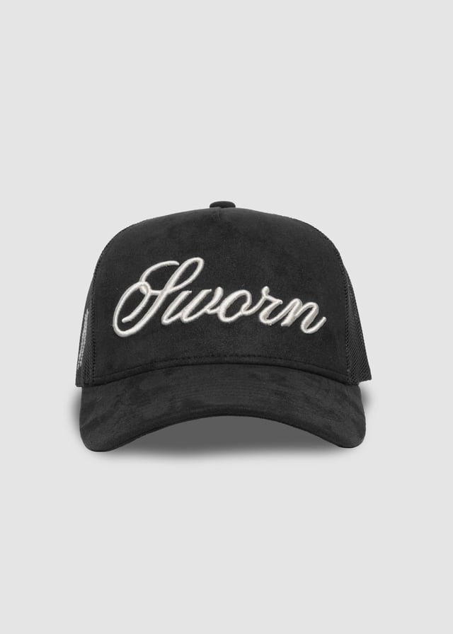 Script Suede Trucker Snapback // Black
