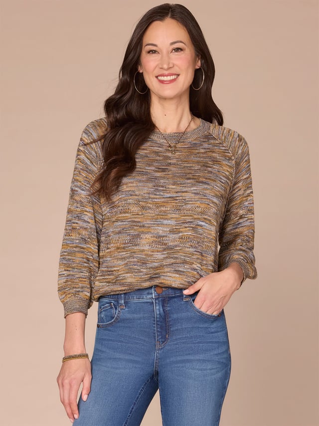 Three Quarter Blouson Sleeve Round Neck Space Dye Sweater