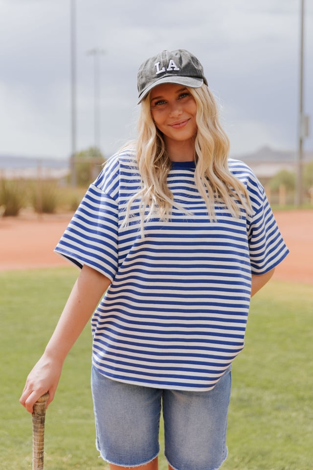 THE STEVIE OVERSIZED STRIPED TOP IN BLUE