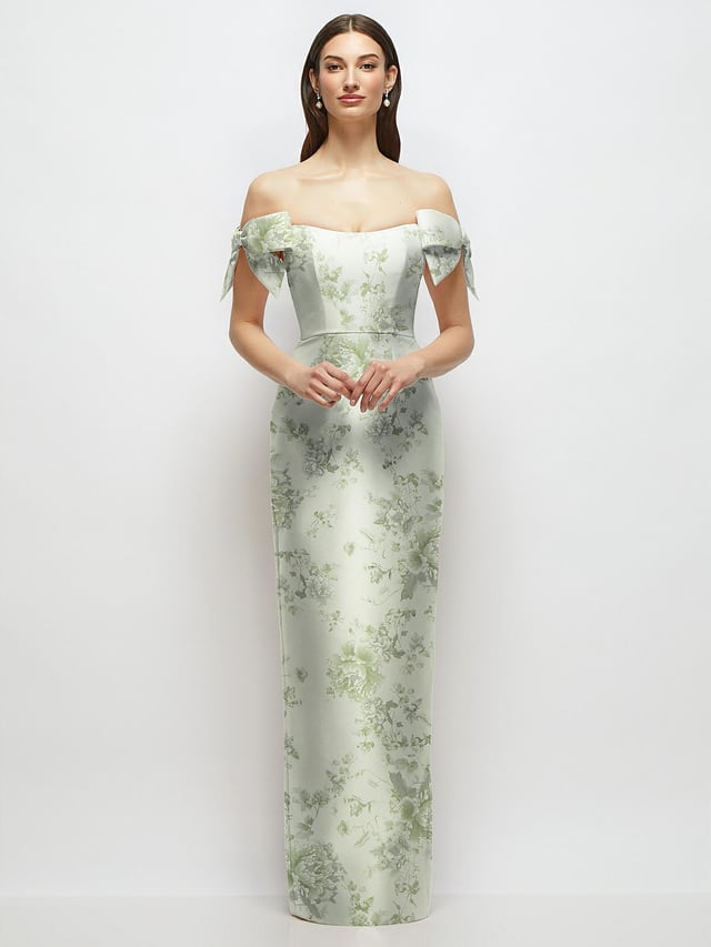 Basque-Neck Floral Satin Column Maxi Dress with Off-the-Shoulder Bows
