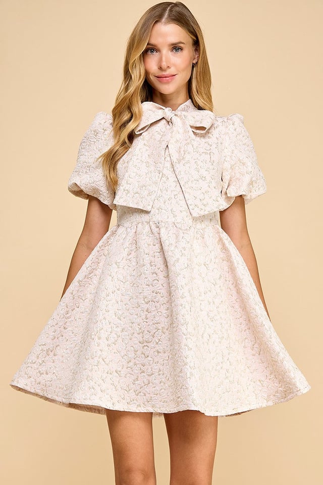 TCEC Leopard Jacquard Print Mini Dress with Pussycat Bow in Pink