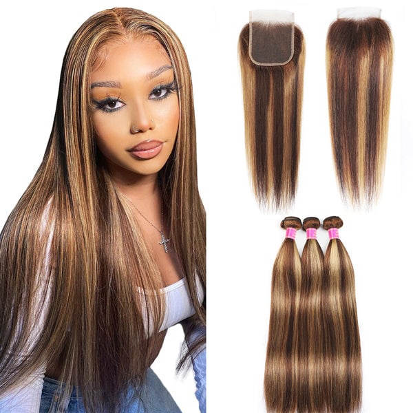 Highlight Ombre Bundles with Lace Closure Brazilian Hair Bone Straight Bundles with Closure