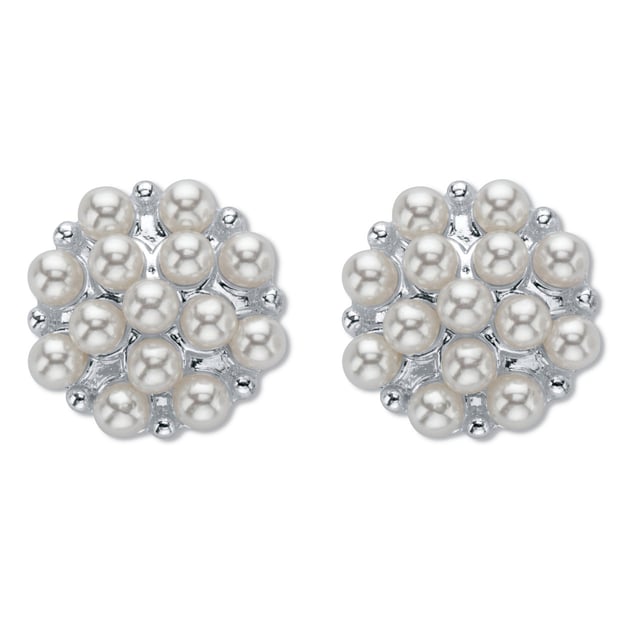 White Round Simulated Pearl Cluster Earrings Silvertone 