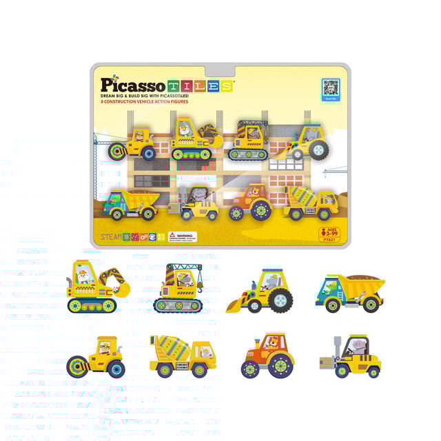 PicassoTiles 8pc Magnet Tile Zoo Animal Set on Construction Vehicles