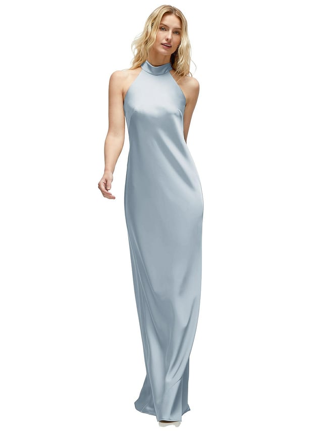 Stand Collar Bias Satin Maxi Dress with Self-Tie Bow Back