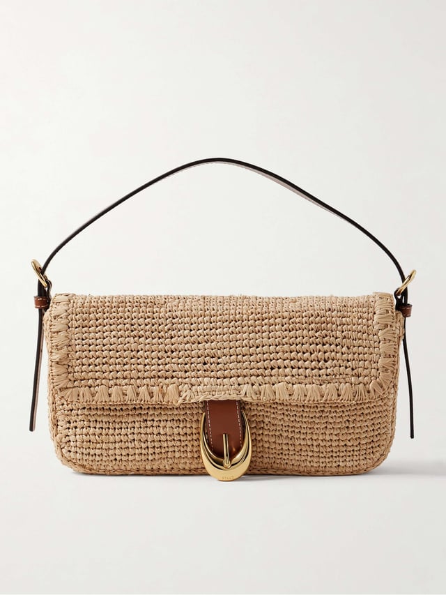 Harlow buckled leather-trimmed raffia shoulder bag - neutral - One Size