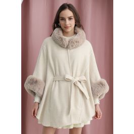 Self-Tie Bowknot Faux Fur Poncho in Oatmeal