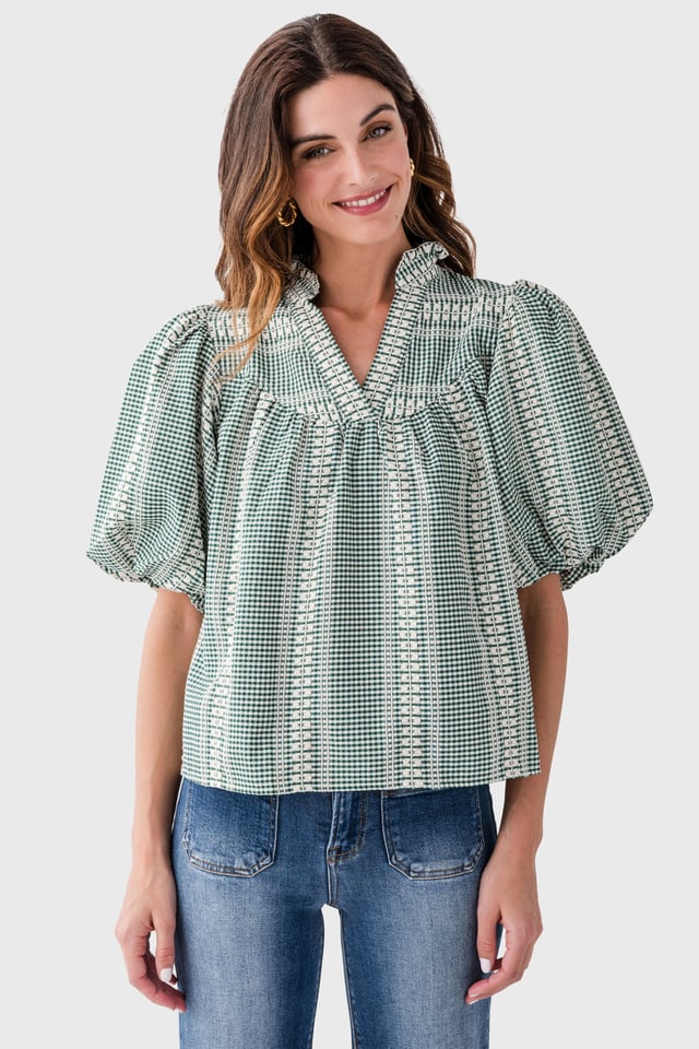 THML Textured Stripe Puff Sleeve Top