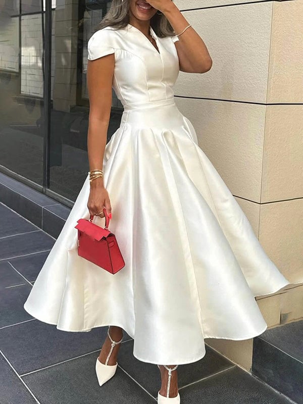 A-Line Long Sleeves Elasticity Solid Color Split-Joint V-Neck Maxi Dresses