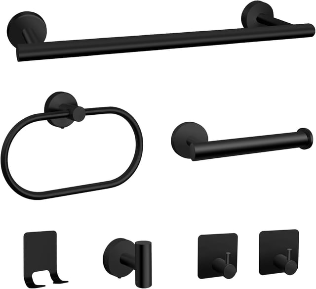 UU&T 7 Pcs Bathroom Hardware Set, Including 16" Towel Bar, Ring, Hook and Toilet Paper Holder, Wall Mounted Stainless Steel Bath Towel Rack Set, Black