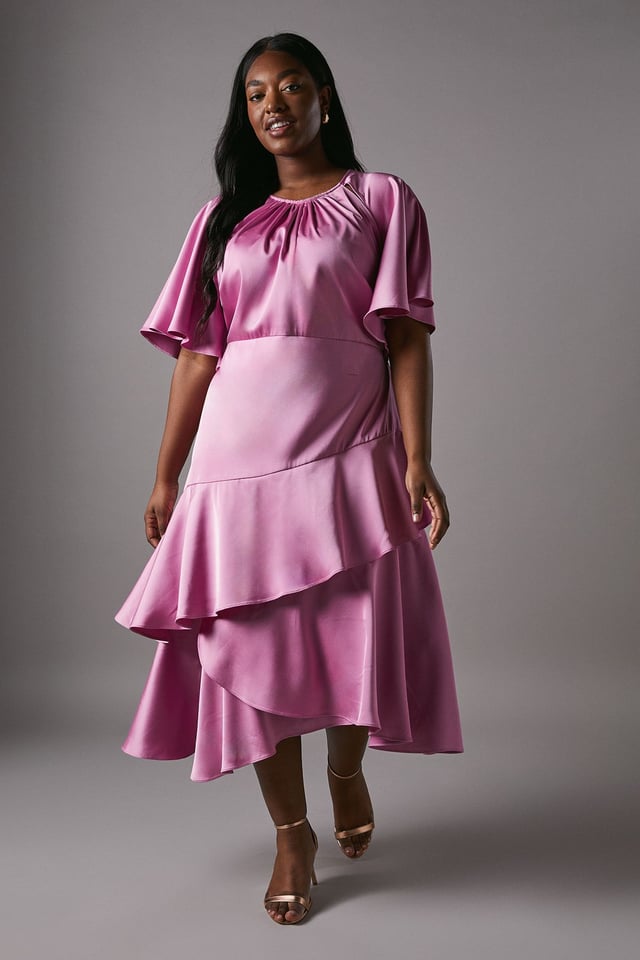 Plus Cut Out Sleeve Satin Midi Dress