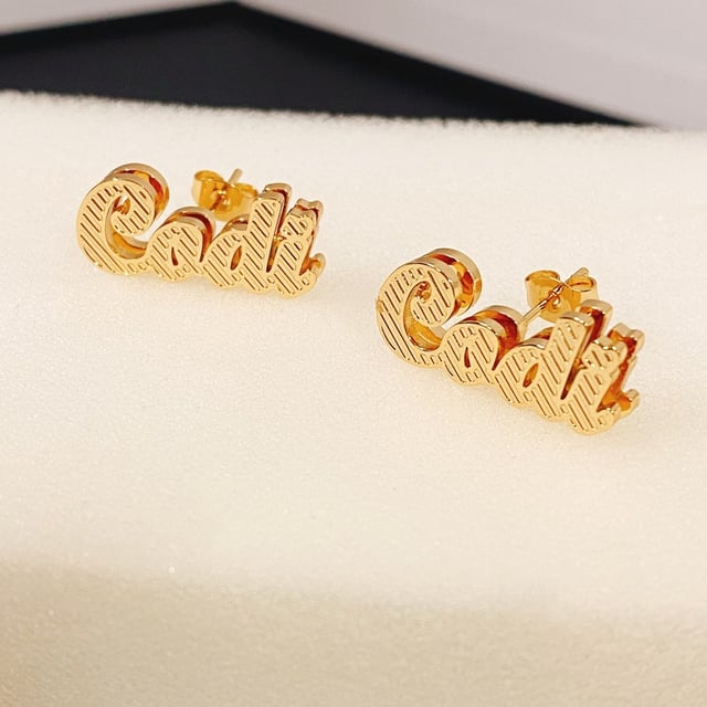 Double Plate Earrings Gold Plated Diamond Cut 3D Name Stud Earrings